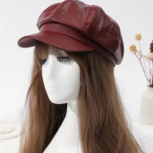 Red Faux Leather Baker Boy Cap